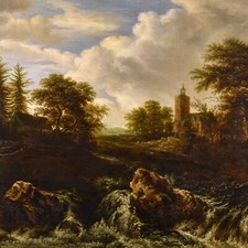 Dipinto antico Paesaggio Bosco Van Ruisdael 17 secolo Olio su tela Fiammingo