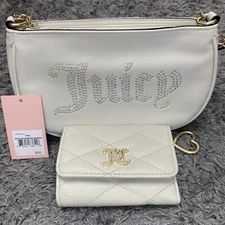 Juicy Couture Purse + Trifold Card Wallet Lot Angel White Bling Shoulder Bag NWT