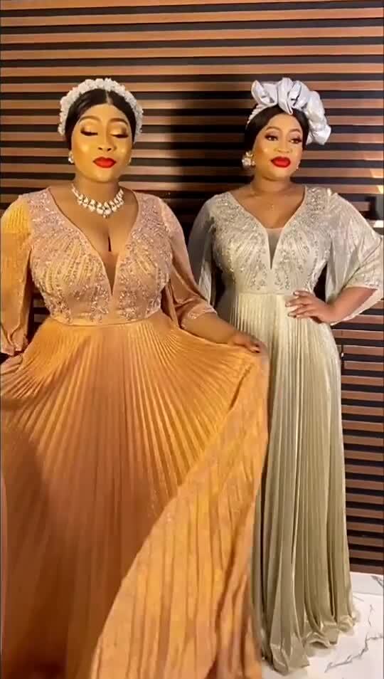 African Women Evening Dress Gold Pleated Pressed Hot Drilling V-Neck Dress  Gown