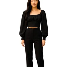 Shein Womens Sz S Black Solid Long Sleeve Textured Bustier Crop Top