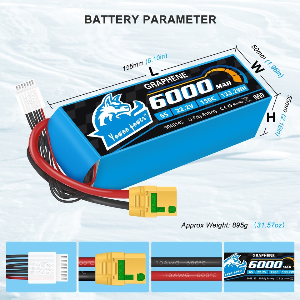 Batterie LiPo 6S 22,2V 6000mAh Yowoo 150C XT90S - Pour Voiture RC, Drone, Avion