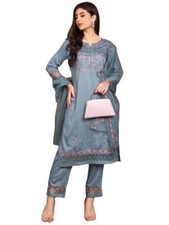 Women's Silk Blend Solid Straight Embroidered Kurta Pant With Dupatta