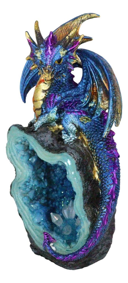 Metallic Blue Iridescent Dragon On Faux Geode Rock Quartz Crystal