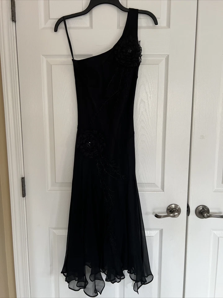 Vintage Black Classic One Shoulder 100% Silk Fit And Flowy Maxi Cocktail Dress 2 - Image 2 of 4