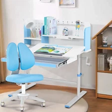 Blue Height Adjustable Kids Study Desk Chair Set Drafting Table w/ Drawer,Shelf 