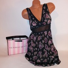 Victoria Secret Lingerie Babydoll Chemise Medium Black Floral 2006 Collection