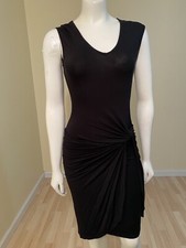 Lucky Brand Dress S Black Stretch Sleeveless Ruched Knee Length V-neck Vtg USA