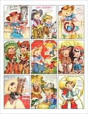 Set of 9 Vintage Retro Cowboy & Cowgirl Celebration STICKERS - Just Cut & Use!