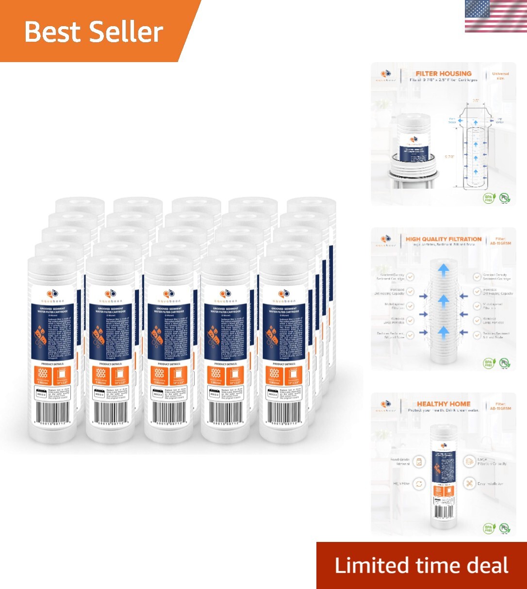 5 Micron 10 x 2.5 Grooved Sediment Water Filter Replacement for Whole House F...