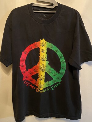 Peace Sign T-Shirt   Let Me Smoke In Peace  Size Large Green Yellow Orange Red