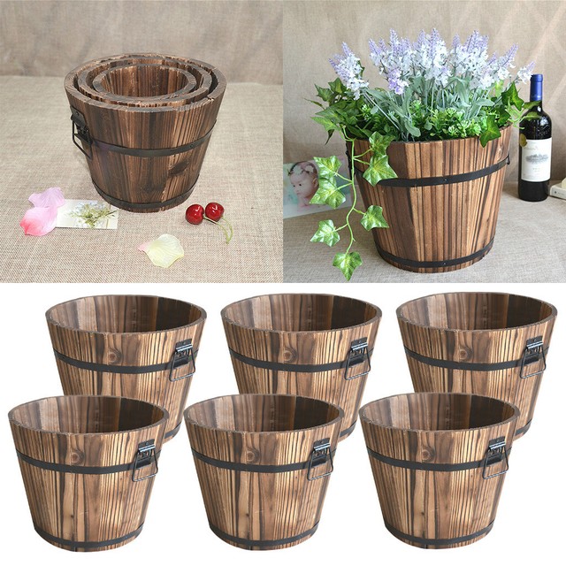 6 Pack Rustic Whiskey Barrel Planter Wooden Bucket Flower Planter Pot