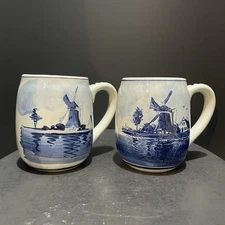 Delft Blauw Blue Painted Mug Beer Water Holland Windmill 4.25” Tall Crazing Vtg