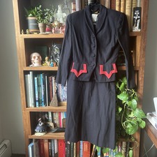 Vintage 40s Black Blazer and Skirt Suit Set with Red Pocket Accents