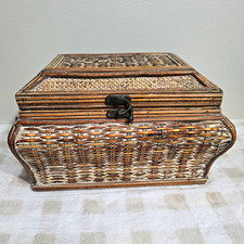 Vintage Wicker Wood Storage Chest Trunk Hinged Lid Metal Latch Brown Woven