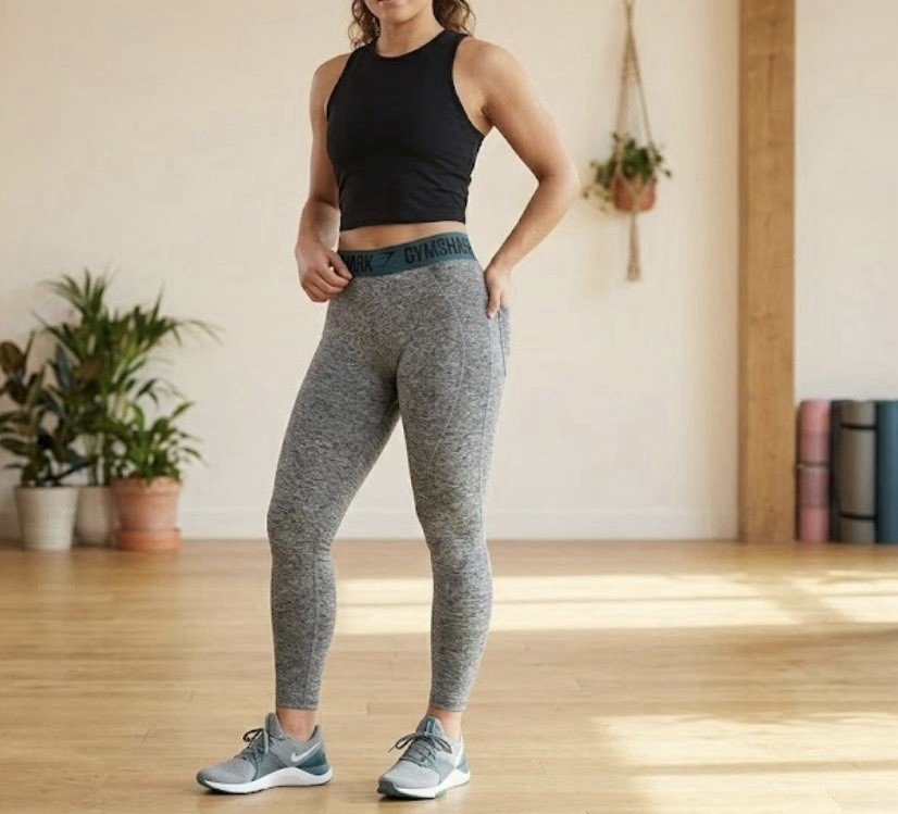 Gymshark Grey Seamless High-Waist Leggings with Teal Logo Band size M