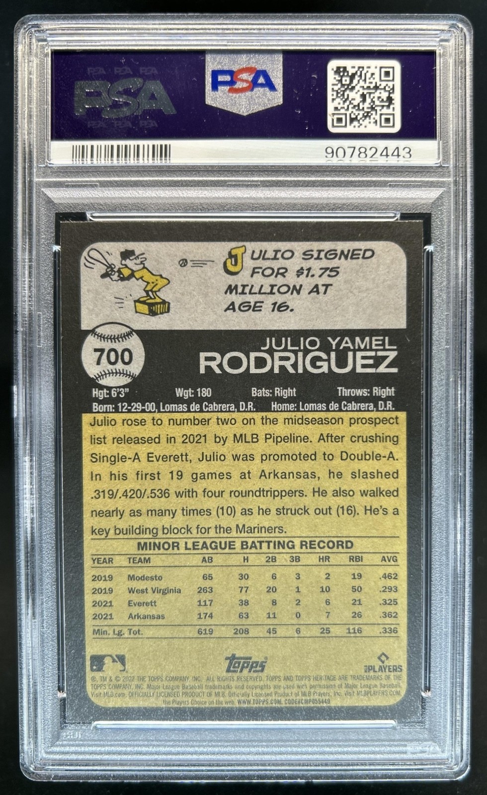 2022 Topps Heritage Julio Rodriguez Chrome RC Purple Refractor #700 PSA 10 view 2