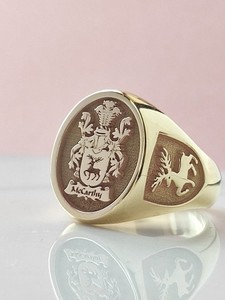 Authentic Custom Gold Plated Signet Ring Family Crest Coat of Arms Cross Engraved Men