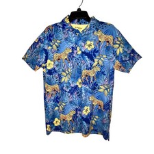 Birdie Bound Men's Performance Golf Polo   Jungle Leopard Azure Blue Small