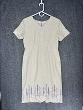 Vintage Melissa Petites Linen Dress Khaki Size 8P Floral Embroidered Knee Length
