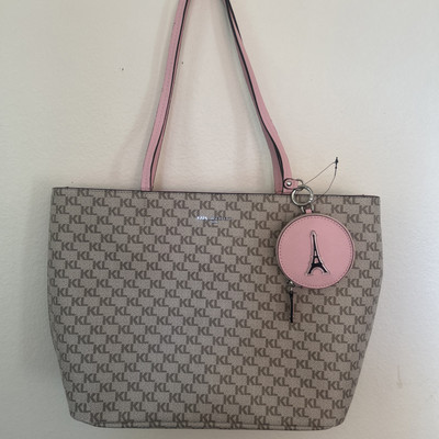 KARL LAGERFELD PARIS Signature Zip Tote Bag & Wallet Charm Almond Taupe Leather