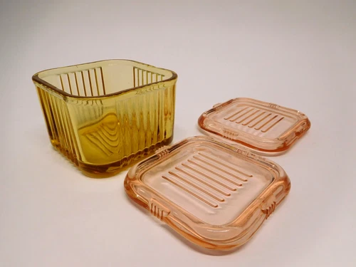 VNTG Pink Federal Ribbed Depression Glass Refrigerator Dish with 2 Lids