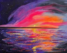 Sunset Ocean Seascape. Original Painting On Canvas. Colorful Sky & Stars. 11x14"