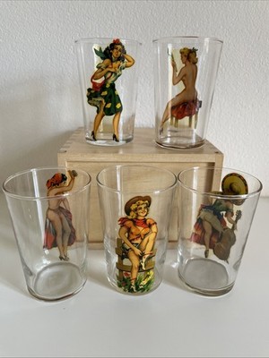 Konvolut 5 alte Pin Up Gläser Frauen gekleidet nackt Erotik Double Face sexy