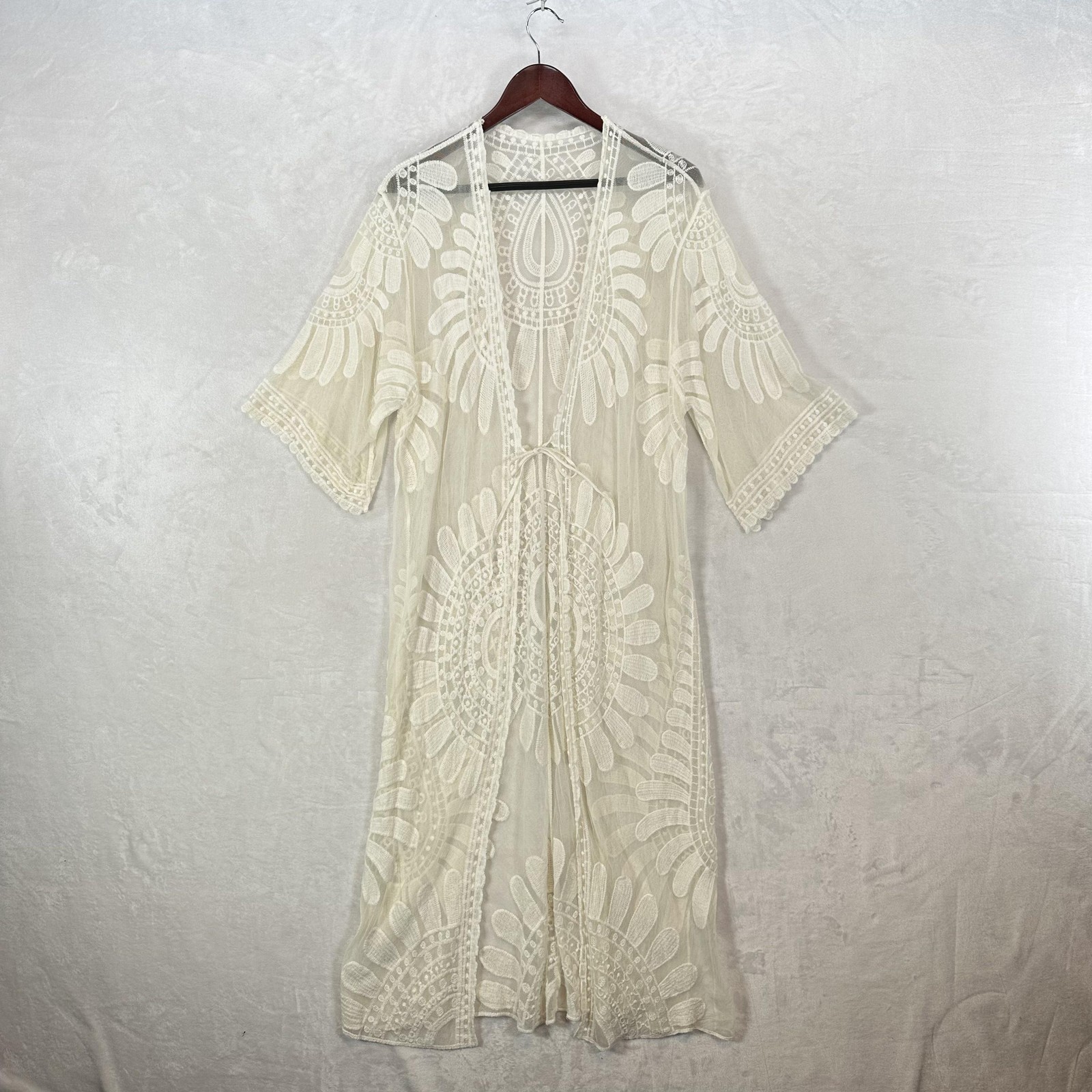 Cardigan Womens One Size Ivory Sheer Boho Embroidered Kimono Bridal Duster-image