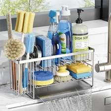 Silver 2-Tier Kitchen Sink Caddy Organzier Rack with Flexible Dish Brush Hold...