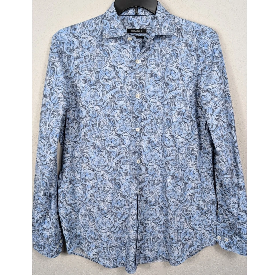 Camisa masculina Bugatchi ajuste clássico estampa paisley azul manga longa botão para baixo GG - Imagem 2 de 4