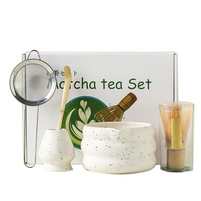 Bio Japanisches Matcha Set mit Teeschale Chasen Bambusbesen Marmor Halter Pulver