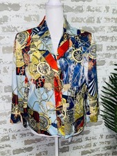 City Girl Nancy Bolen XS Nautical Chain Print Blazer Jacket Gold Blue Red Satin