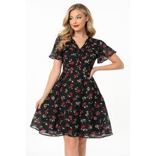 Unique Vintage Black Rose Print Flutter Sleeve Dress – 4