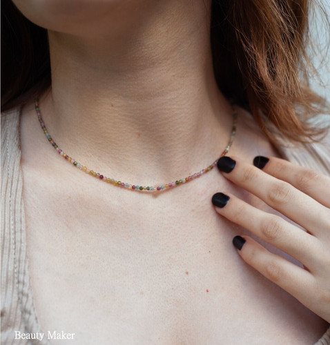Tiny Rainbow Tourmaline Faceted 2mm Beads Choker Healing Dainty Layered Necklace