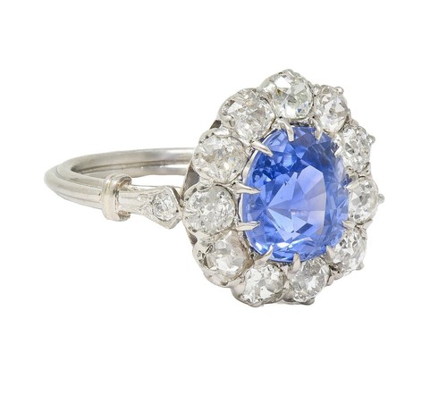 Art Deco 4.14 CTW No Heat Ceylon Sapphire Diamond Platinum Vintage Halo Ring GIA - Picture 2 of 13