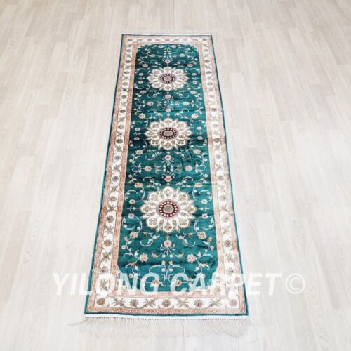Green 2.5x8ft Long Hand Knotted Silk Rug Bedroom Runner Carpet Strip 095C - Picture 1 of 8