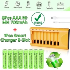 8Pcs 1.2V AAA Ni-MH Battery Rechargeable Batteries with USB 8-Slot Smart Charger