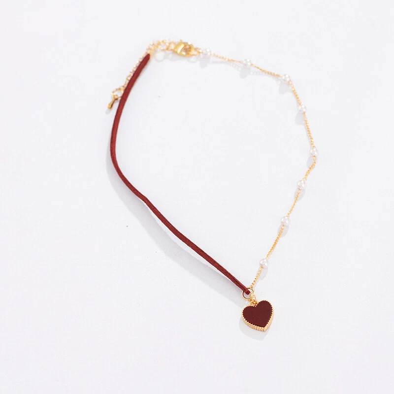 Simple Red Heart Pendant Necklace For Women Elegant Pearl Leather