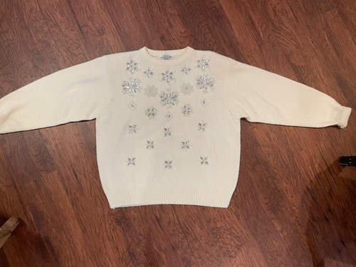 Vtg 1980’s Alfred Dunner Pullover Embellished Ivory Sweater Beads Snowflakes XL - Picture 8 of 13