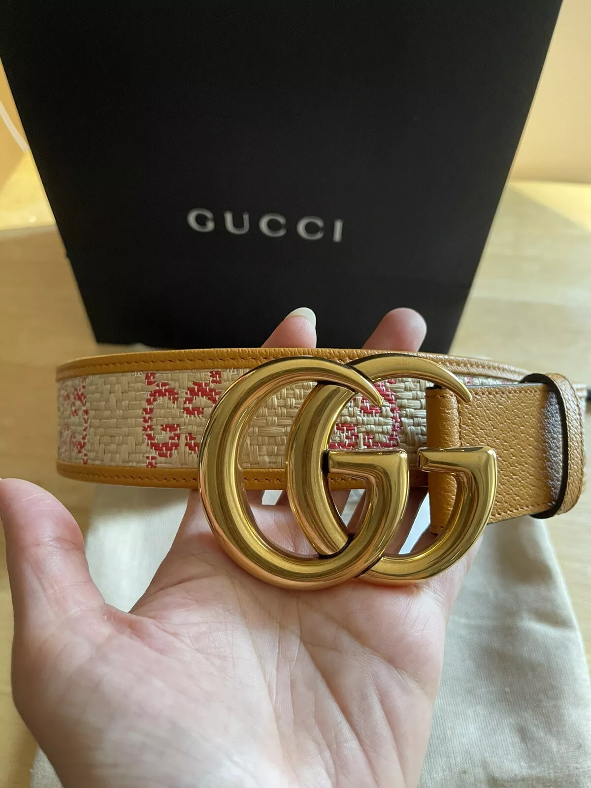 Neuf avec étiquettes ceinture large paille Gucci GG Marmont G imprimé paille Raffia 90 pouces rose brun C prix de vente