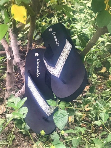 Women Platform High Wedge Rhinestone Bling Slides Flip Flops Thong Sandals Black - Picture 3 of 6