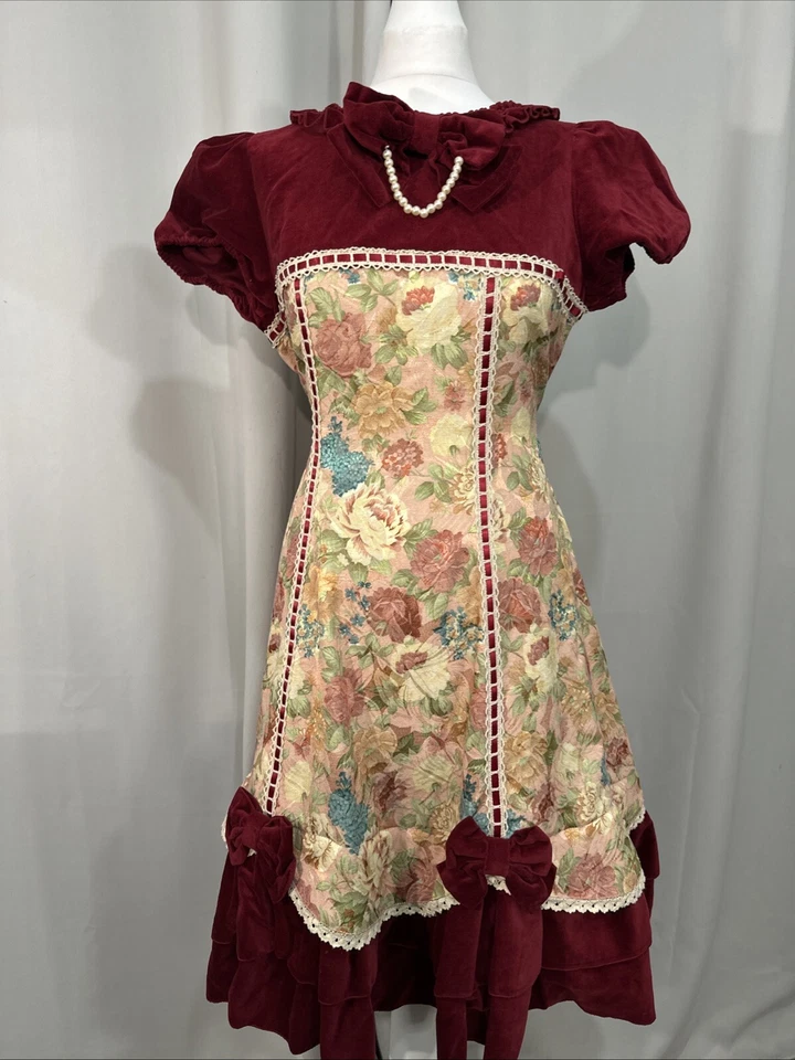 Vestido Body Line Vintage Terciopelo Estampado Alfombra Floral Victoriano Art Deco Perla A17 Foto 4 de 4