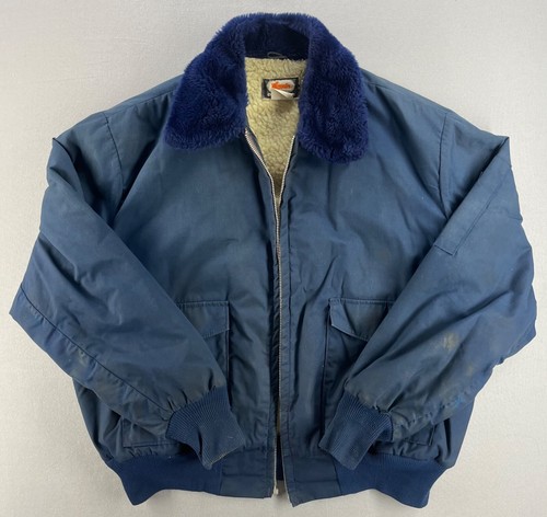 Vintage OshKosh BGosh Wool Inside Full Zip Bomber Blue Jacket Rare XL READ