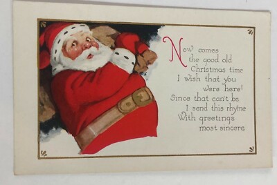 Vintage Postcard Christmas Card Santa Holding Presents Bag