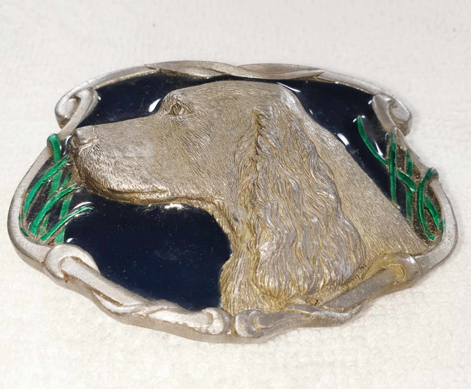 C&J INC Belt Buckle Hunting Dog with Black Enamel inlay Vintage 1991