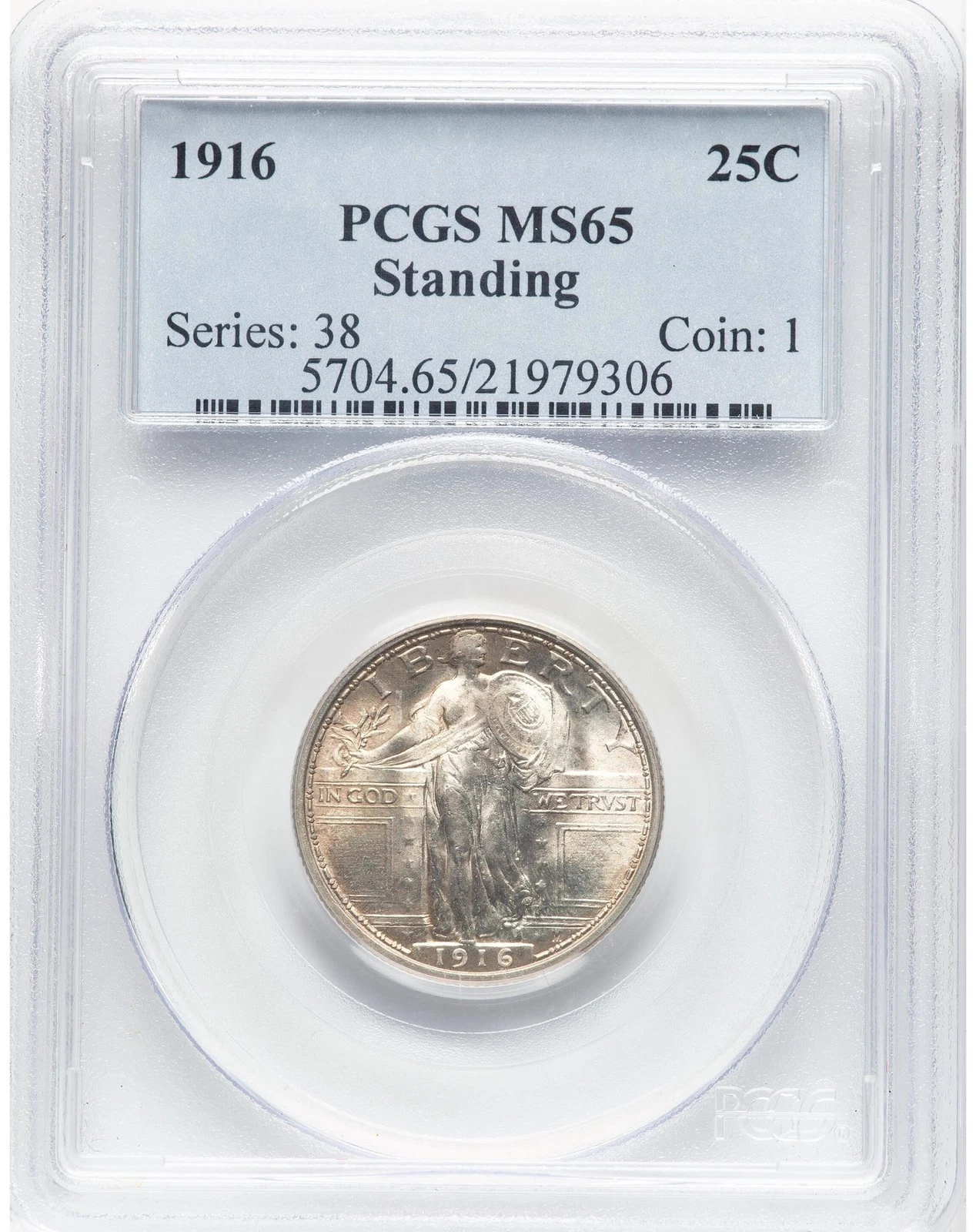 1916 STANDING LIBERTY 25C PCGS MS 65