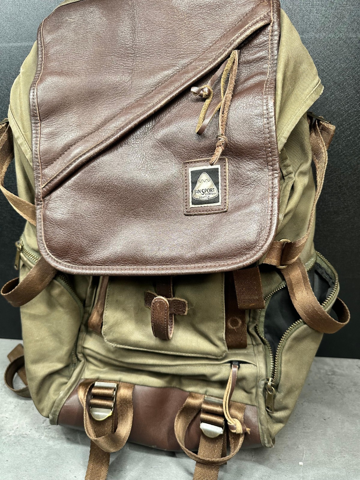JanSport Skip Yowell Collection Pleasanton Backpack Green Brown Leather Trim