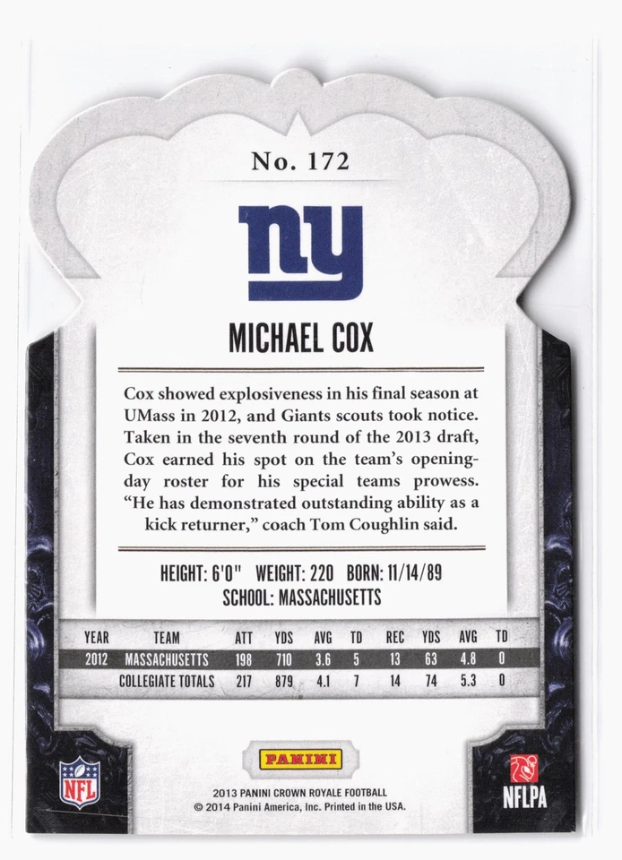 2013 Panini Crown Royale Bronze Holo #172 Michael Cox #/299 Giants Rookie - Image 2 of 2