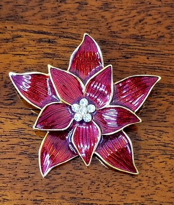 Signed Eisenberg Ice Christmas Pointsettia Red Enamel & Clear Rhinestone Brooch 