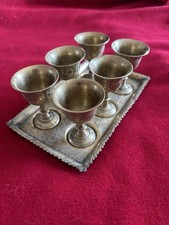 Vintage Indian Brass Tray + 6 Etched Mini Goblets Cordial Set Made in India
